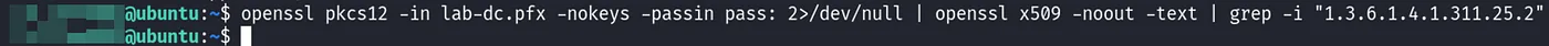 Confirming the missing SID: grepping for the szOID_NTDS_CA_SECURITY_EXT OID returns nothing