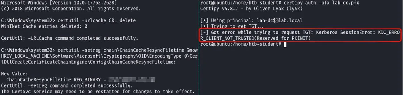 After clearing the KDC's CRL cache, the revoked certificate finally fails with KDC_ERR_CLIENT_NOT_TRUSTED