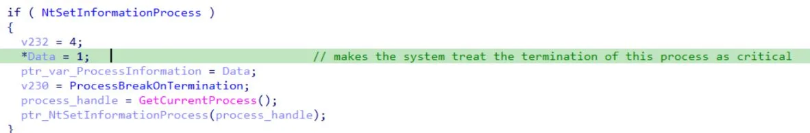 ProcessBreakOnTermination flag set, making the process critical to system stability